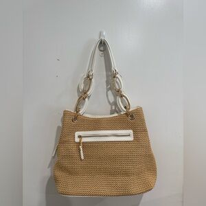 INC International Concepts Beige Woven Shoulder Bag with White Trim